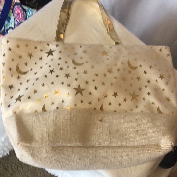 Unbranded cream colored woven tote. Gold moon and stars print. Gold handles. - Picture 8 of 8